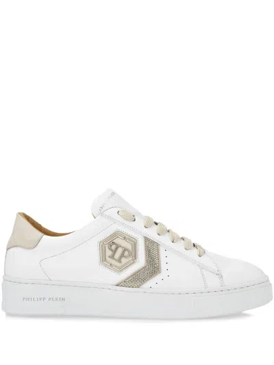 Philipp Plein Crystal Hexagon Leather Sneakers In White
