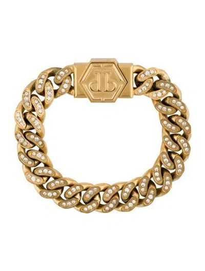Pre-owned Philipp Plein Crystal Hexagon Logo Cuban Link Bracelet, 8" In Multi