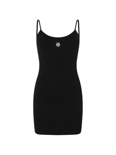 Philipp Plein Crystal Hexagon Ribbed Mini Dress In Black