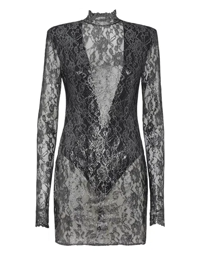Philipp Plein Crystal Lace Mini Dress Lace In Gray