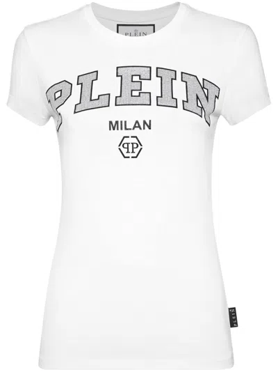 Philipp Plein Crystal-logo Cotton T-shirt In "01 White"