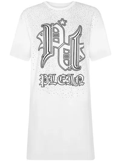 Philipp Plein Crystal Logo T-shirt Dress In White