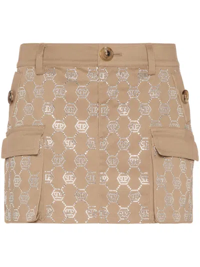 Philipp Plein Crystal Monogram Miniskirt In Neutrals