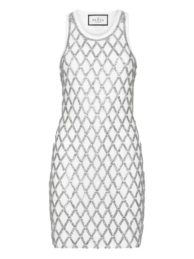 Philipp Plein Crystal Net Mini Dress In White