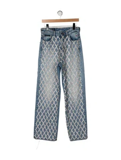 Pre-owned Philipp Plein Crystal Net Skater Wide Leg Jeans In Blue