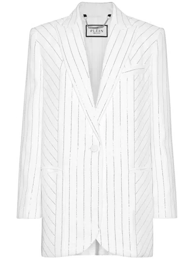 Philipp Plein Crystal-pinstripe Cady Blazer In White