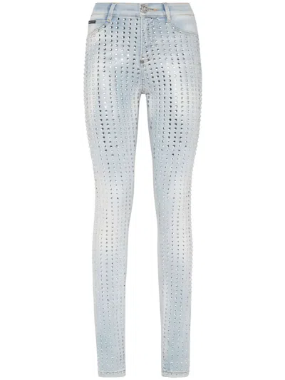 Philipp Plein Crystal-embellished Pinstripe Jeans In Blue
