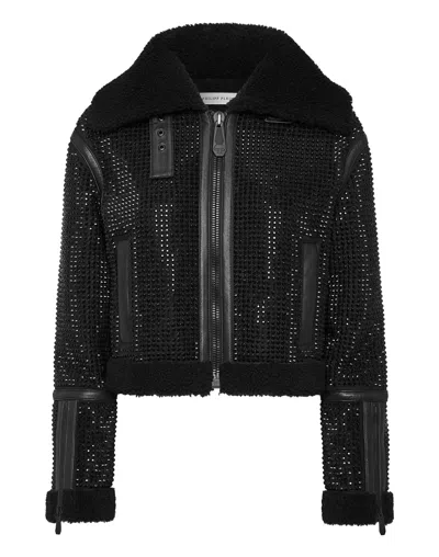 PHILIPP PLEIN CRYSTAL SHEARLING CROPPED JACKET