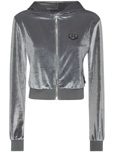 Philipp Plein Crystal Signature Hoodie In Grey