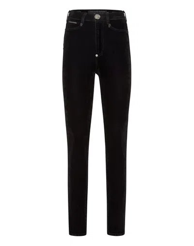 Philipp Plein Crystal Skull Denim Super High Waist Jegging In Multi