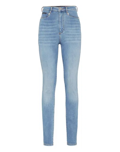 Philipp Plein Crystal Skull Denim Super High Waist Jegging In Multi