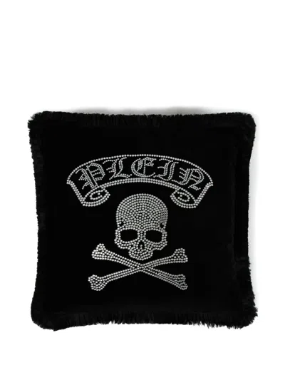 Philipp Plein Crystal-skull Fringed Cushion In Black