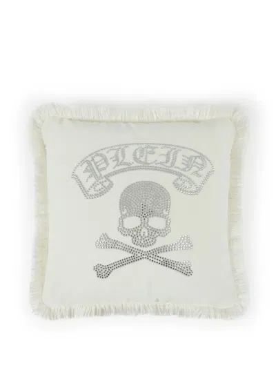 Philipp Plein Crystal-skull Fringed Cushion In Neutral