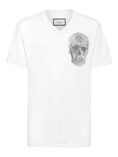 Philipp Plein Crystal-skull V-neck T-shirt In White