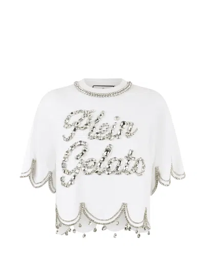 Philipp Plein Crystal Waves Cropped T-shirt In White