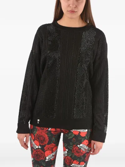 Philipp Plein Crystal-embellished Cable-knit Sweater In Black