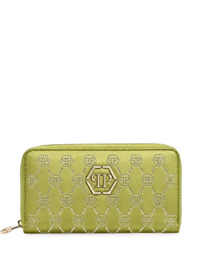 Philipp Plein Crystal-embellished Logo-plaque Wallet In Green