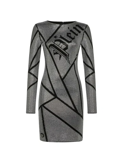 Philipp Plein Crystal-embellished Logo-print Mini Dress In Black