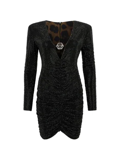 Philipp Plein Crystal-embellished Ruched Mini Dress In Black