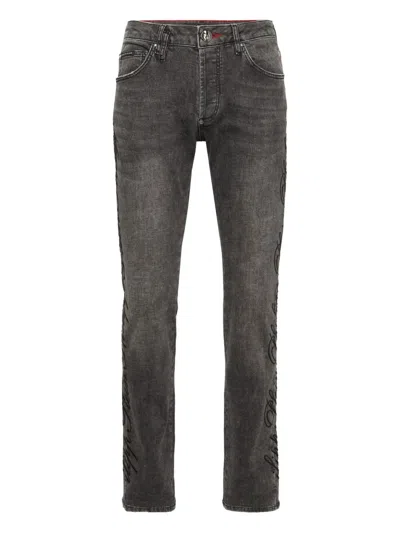 Philipp Plein Cursive-embroidered Straight-cut Jeans In Gray