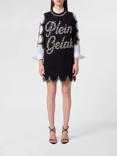 Philipp Plein Cut-out Cotton Sheath Mini Dress With Rhinestones In Brown
