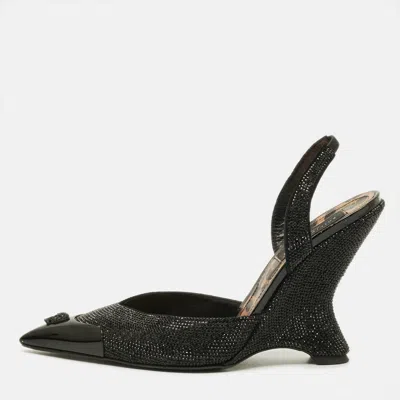 Pre-owned Philipp Plein Decollete Size 39 Black Crystals Suede Wedged Slingback Pumps