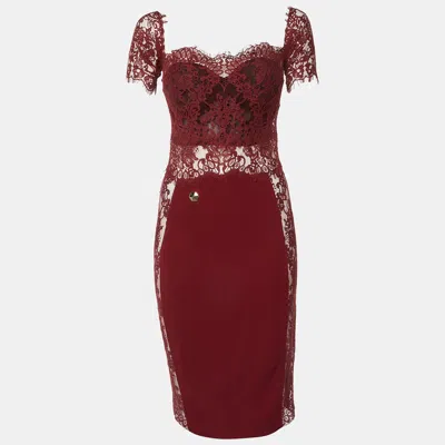 Pre-owned Philipp Plein Deep Red Lace Off Shoulder Midi Dress M