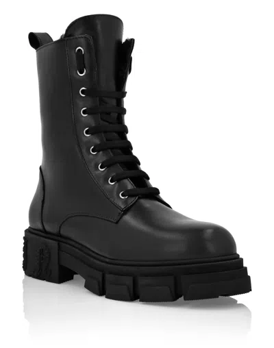 Philipp Plein Calf Skin Leather Boots Mid Flat Hexagon In Black