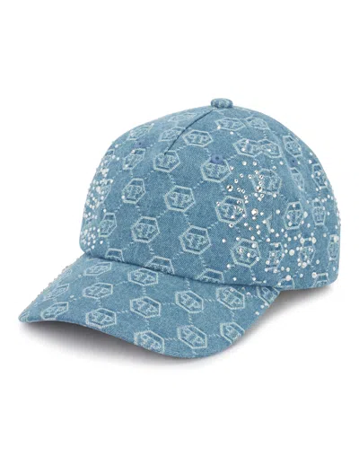 Philipp Plein Denim Baseball Cap Monogram Strass In Blue