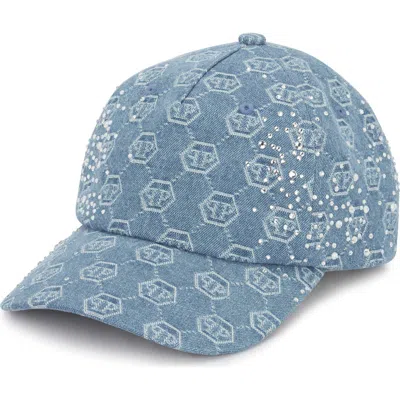 Philipp Plein Denim Baseball Cap Monogram Strass Unisex In Lightblue