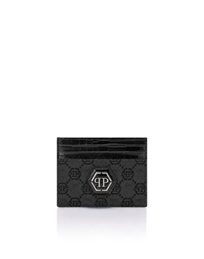 Philipp Plein Denim Card Holder Jacquard Monogram In Blue