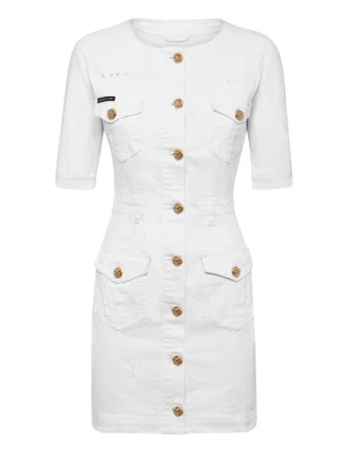 Philipp Plein Embossed-button Detail Denim Dress In Weiss