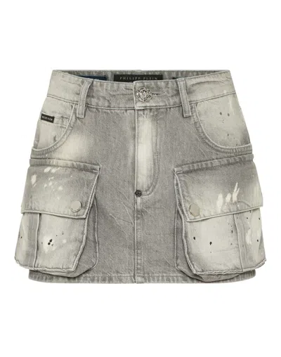 Philipp Plein Denim Cargo Mini Skirt In Grey
