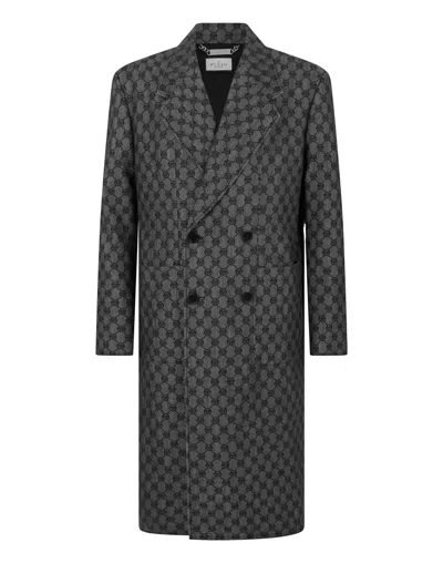 Philipp Plein Denim Coat Jacquard Monogram In Black