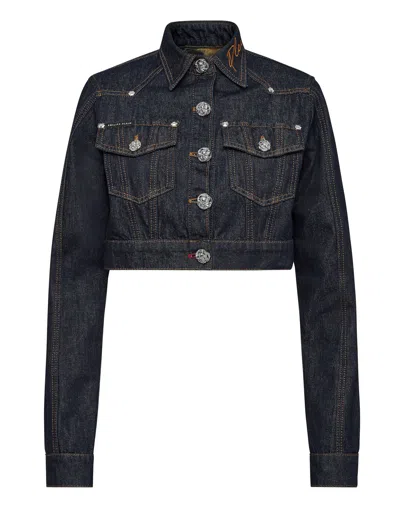 PHILIPP PLEIN DENIM CROPPED JACKET CHAINS
