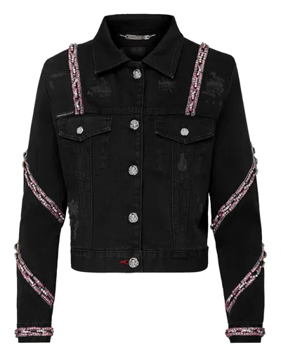 Philipp Plein Denim Cropped Jacket Crystal In Black