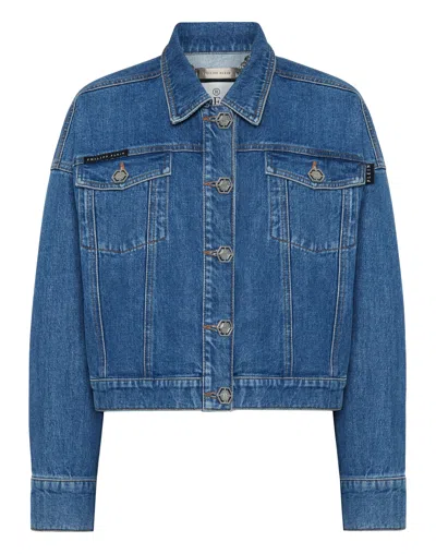 PHILIPP PLEIN DENIM CROPPED JACKET CRYSTAL FRINGES