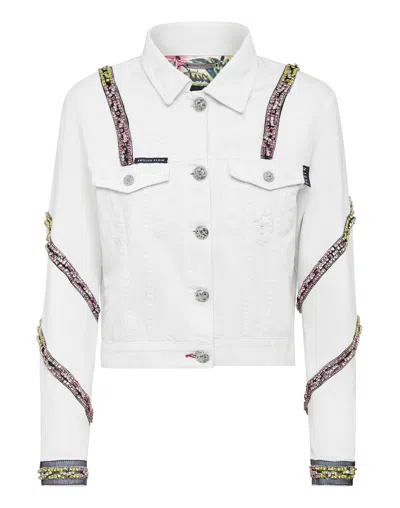 Philipp Plein Denim Cropped Jacket Crystal In Multi