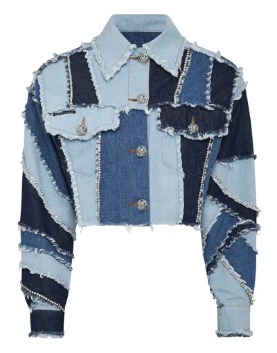 Philipp Plein Denim Cropped Jacket Patchwork In Multi