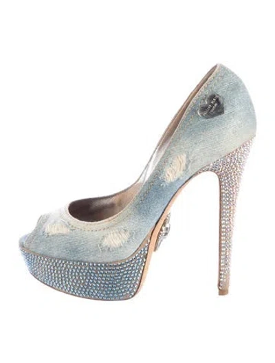 Pre-owned Philipp Plein Denim Distressed Accents Pumps In Blue