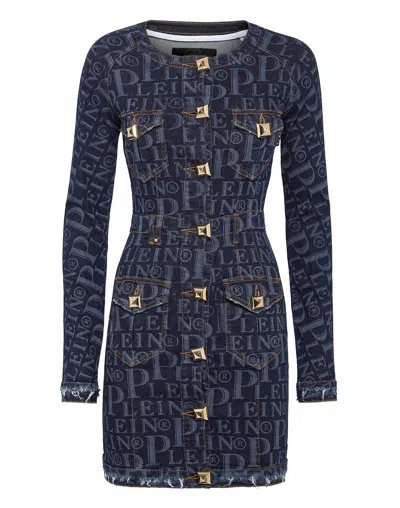 Philipp Plein Denim Dress Cargo All Over Pp In Blue