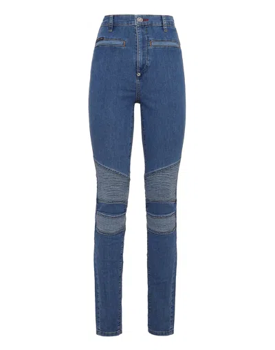 Philipp Plein Denim High Waist Biker Iconic Plein In Blue
