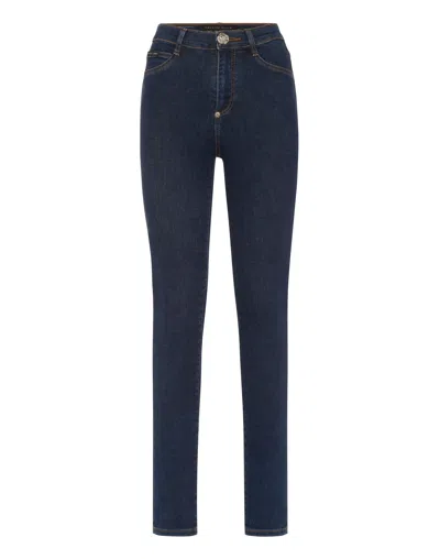 Philipp Plein Denim High Waist Jegging Trousers Hexagon In Blue