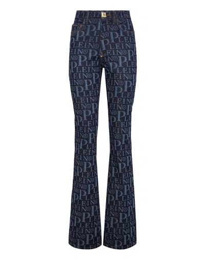Philipp Plein Denim High Wasted Flare All Over Pp In Blue