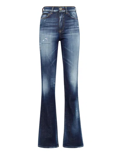 Philipp Plein Denim High Wasted Flare Trousers In Blue