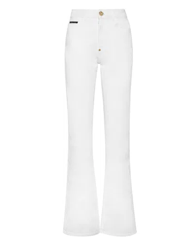 Philipp Plein Denim High Wasted Flare Trousers In White