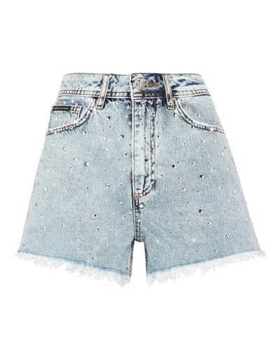 Philipp Plein Denim Hot Pants Crystal Rain In Blue