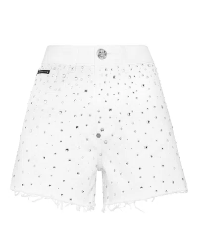 Philipp Plein Denim Hot Pants Crystal Rain In White