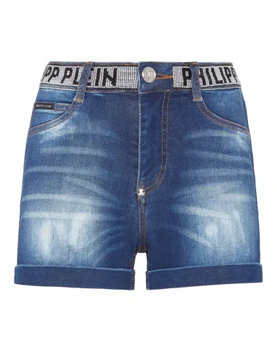 Philipp Plein Denim Hot Pants Stones  Tm With Crystals In Multi