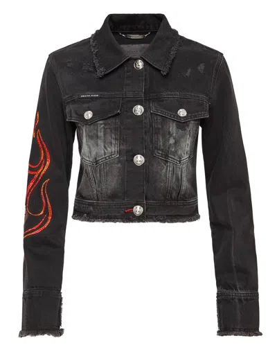 Philipp Plein Denim Jacket Flame In Black